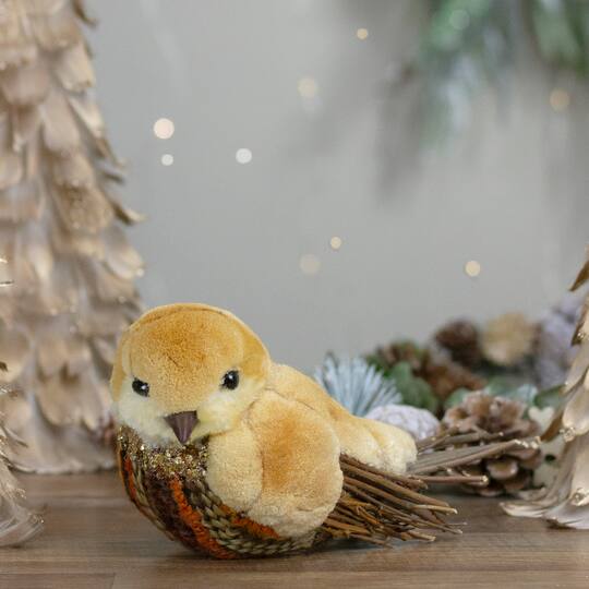 8.5" Orange & Brown Autumn Harvest Tabletop Bird With Sequins